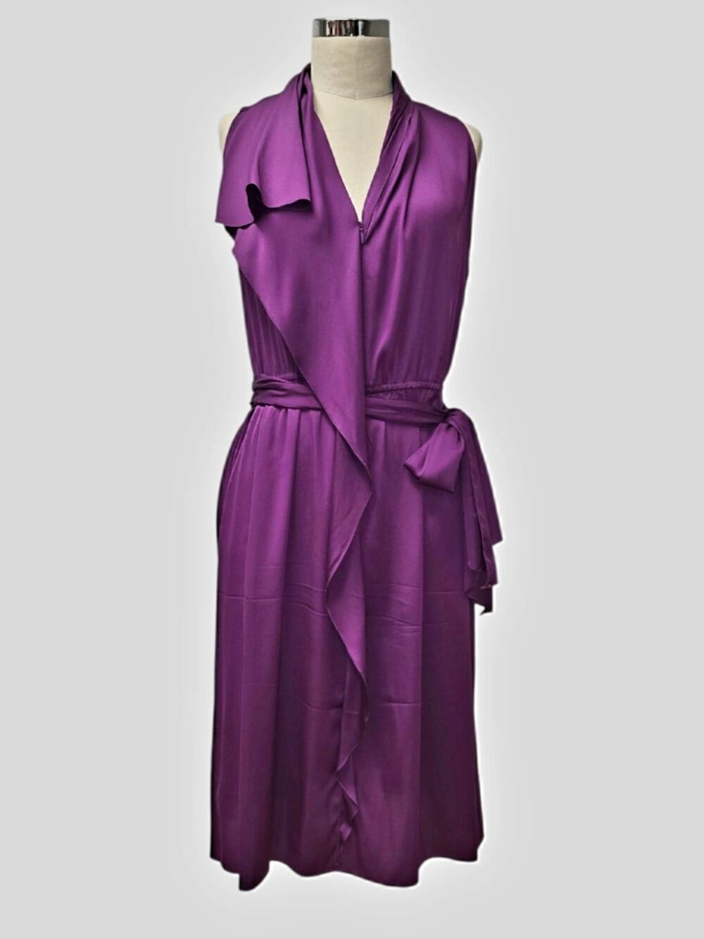 Elie Tahari Silk Ruffle Pocket Dress L Plum Cocktail Wedding Guest Holiday NYE